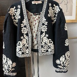 Free People Black and Cream Floral Bomber Jacket